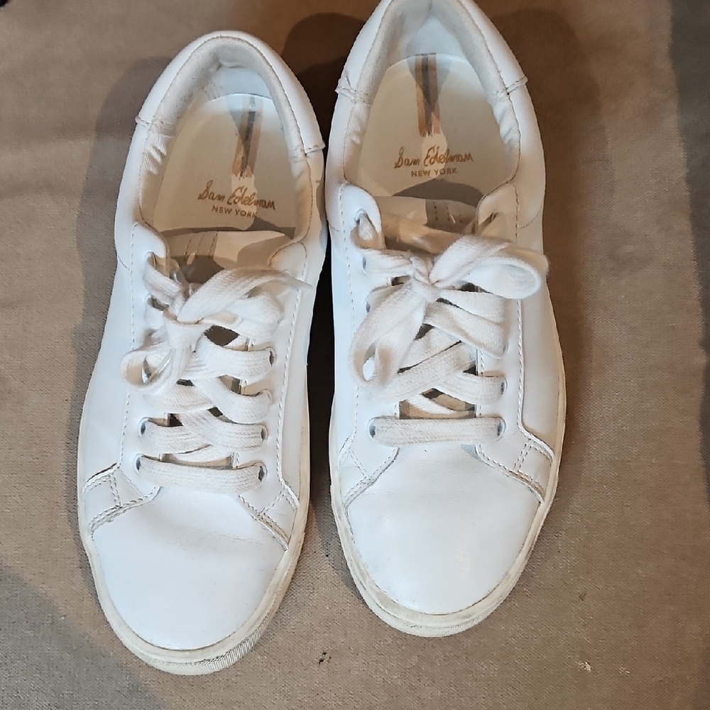 Sam Edelman White Leather Low-Top Lace-Up Sneakers